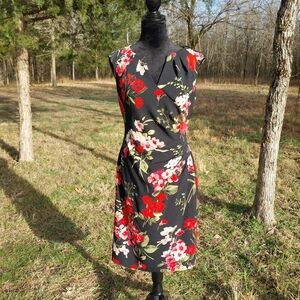 Adrianna Papell Black and Red Floral Midi Dress